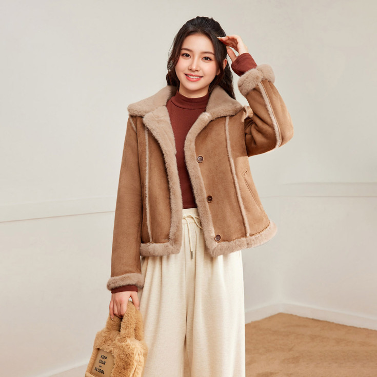 【微胖】大码女装2025冬季复古通勤加绒磨砂皮外套