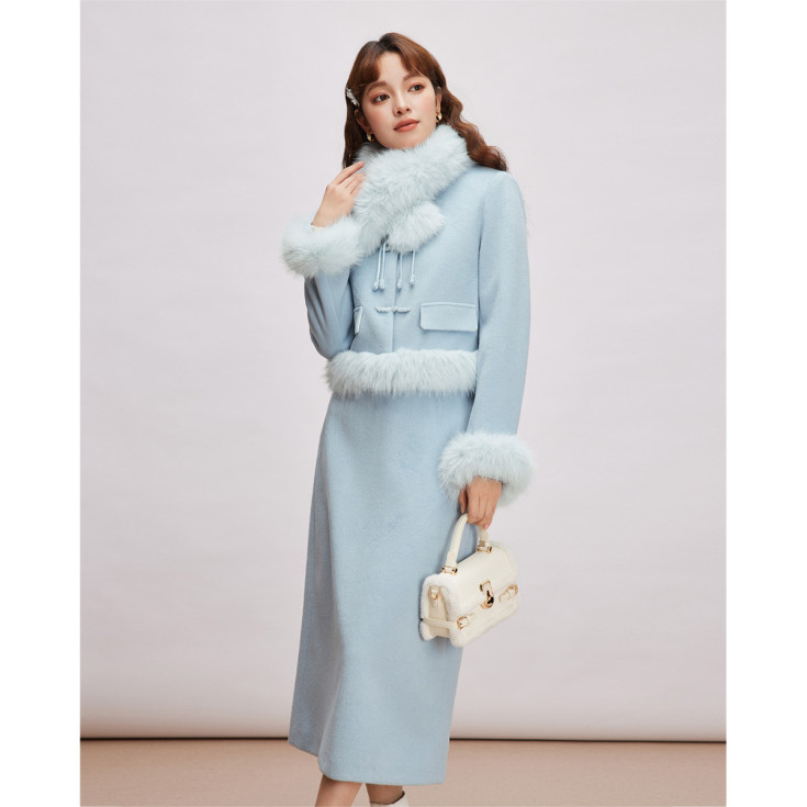 秋冬呢绒上下套裙女毛领时尚百搭甜美风两件套